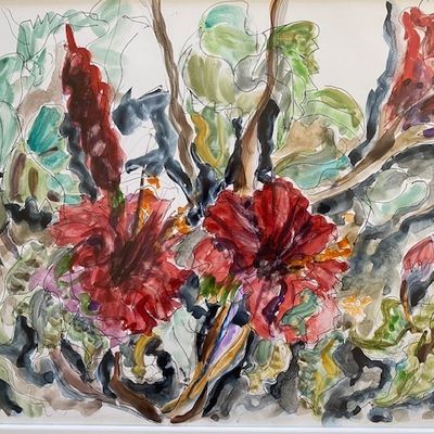 L’hibiscus aquarelle sur papier 40 sur 30 cm, artiste peintre contemporain,bernadette cazal,narbonne aude occitanie france,boutique de createurs,galerie de peinture,rouge jaune vert noir