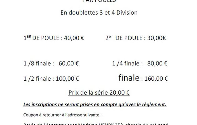 Coupe Marcel DE VAL Doublettes par Poules 3/4 à Montagny le samedi 28 mars 2020 à 8H00