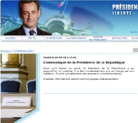 Communication : l'Elysée informe d'un malaise du Président Sarkozy.