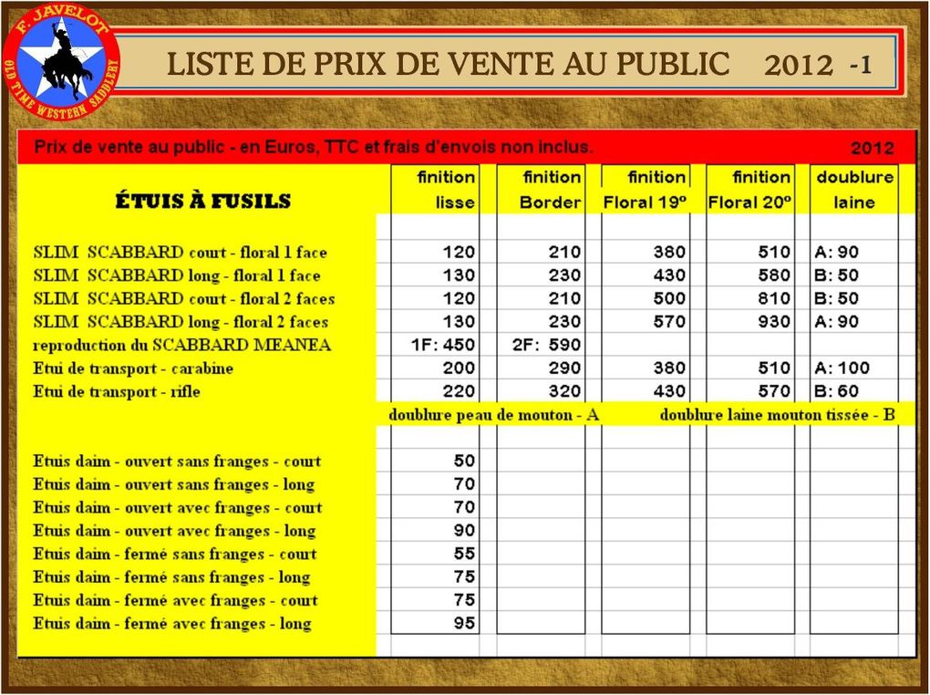 Liste des prix 2012.
J'ai d'actualisé et changé la présentation de mes liste de prix pour 2012.
J'y ai rajouté les tarifs des nouveautés.
Si malgré tout vous ne trouvez pas le prix qui vous interresse, contactez moi.