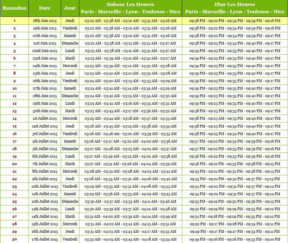 Calendrier ramadan 2015