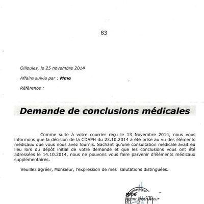 Conclusions Médicales de la MDPH DU VAR après recours gracieux et nouveau refus d'AAH, carte d'invalité, carte de stationnement