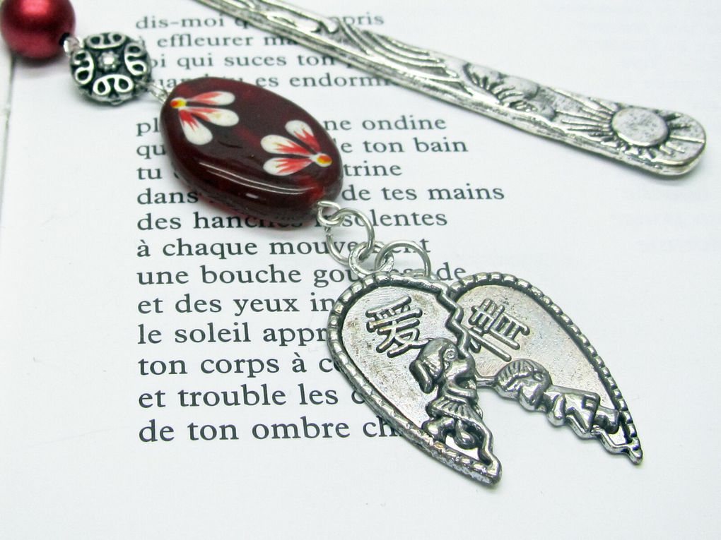 Marque-page bijou en métal breloque coeur et perles rouges, cadeau saint valentin