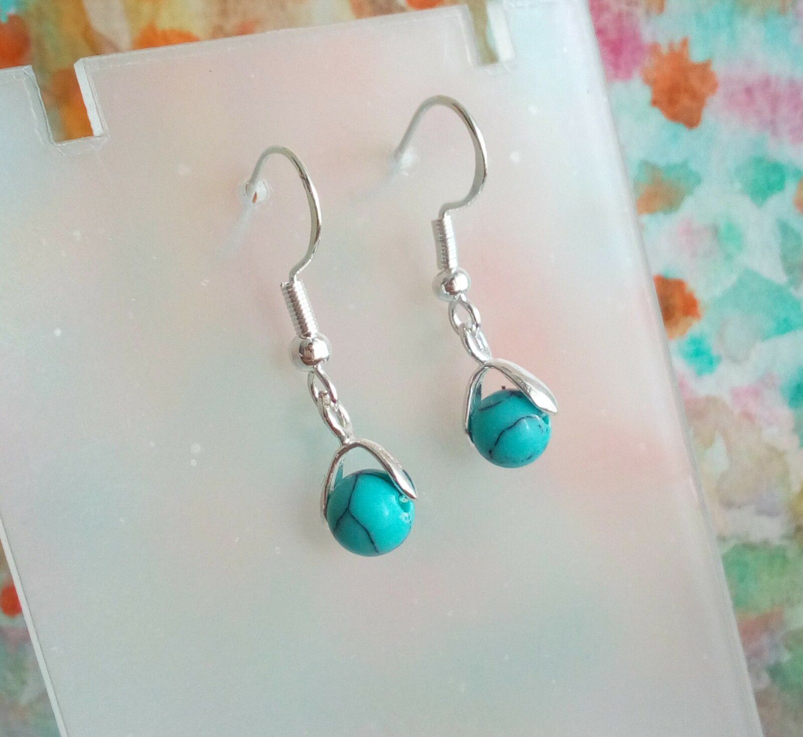 Fait mains en France,Boucles oreilles crochets belieres argent 925,perles rondes pierre precieuse Turquoise bleue,cadeau fete anniversaire noel,mariage,boho bobo gothique,vierge poissons