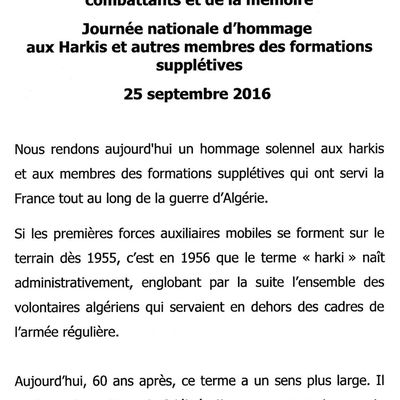 Message de Jean Marc todeschini à la Journée nationale d’hommage  aux Harkis et autres membres des formations supplétives 25 septembre 2016 