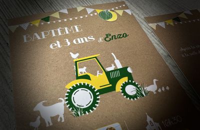 Le faire part de baptême et anniversaire du petit Enzo : animaux de la ferme, campagne, tracteur John Deere