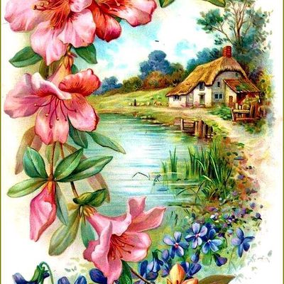 Cartes illustrées vintage fleurs - fleurs et paysage