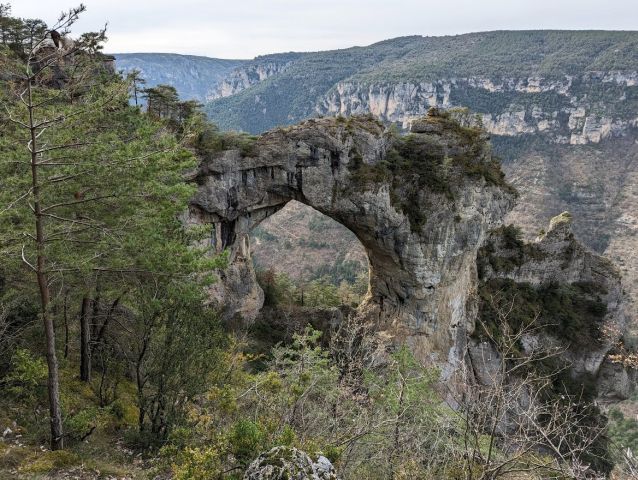 Le rocher de Cinglegros, le maître des lieux (vautour fauve) et la surprenante arche de Baous del Biel.