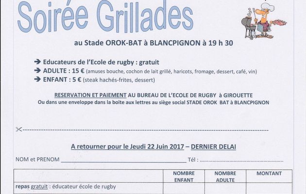 REPAS DE FIN DE SAISON ECOLE DE RUGBY LE SAMEDI 24 JUIN: