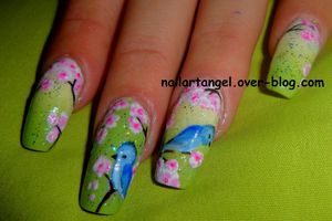 Nail art fleurs de cerisier, nail art oiseau, nail art printemps, nain cerisier en fleur, nail art pas à pas