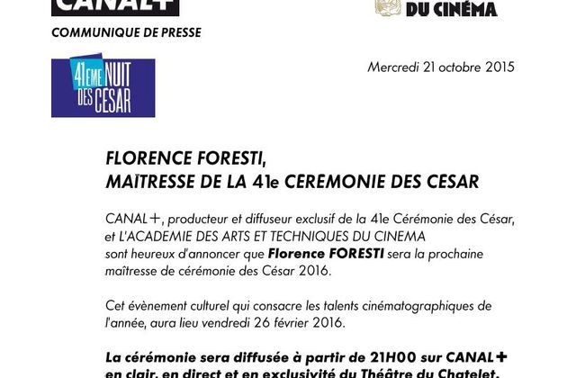 Florence Foresti présentera la Cérémonie des César 2016.