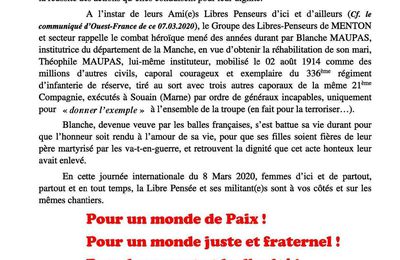 Le Groupe des Libres-Penseurs de MENTON et secteur, à l’occasion de la Journée Internationale de la Femme, réitère avec force son engagement pour soutenir et promouvoir les combats pour l’égalité des femmes, pour le respect qui leur est due, pour la réussite des actions qu’elles conduisent pour leur dignité.