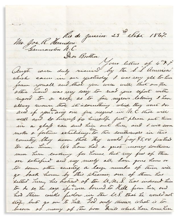 Lettre d'un Confédéré de Caroline du Nord, fraîchement arrivé au Brésil, écrivant à son frère le25 septembre 1867. Il y raconte la difficulté d'adaptation des nouveaux arrivants Confédérés. (Source Printed & Manuscript Americana https://catalogue.swanngalleries.com) - Tombe d'un Confederados Americain au Brésil, dans le cimetière américain de Santa Bárbara d’Oeste pendant le Festival des Confédérés en 2016 (source Mario Tama Getty Image)   