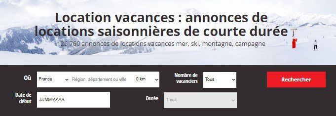 Les critères de recherche dans la rubrique Vacances