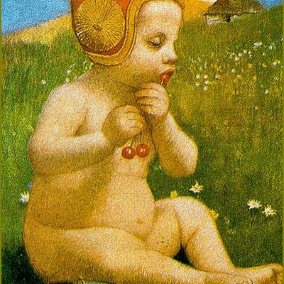 Le temps des cerises par les peintres -  Marianne Stokes - Portrait d'enfant et cerises - 1905