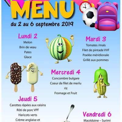 Menu scolaire du 2 au 6 septembre 2019