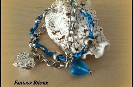 Bracelet double , tresse bleue argent et chaine métal