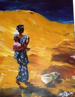 QUELQUES UNES DES TOILES ACRYLIQUES REALISEES PAR AISHA SYLLA, VENDUES AU PROFIT DES PROJETS DE SOLIDARITE DE LA FONDATION SYLLA CAAP.Mettre en valeur la vie quotidienne des femmes africaines, la p&eacute;nibilit&eacute; de leurs taches journali&egra