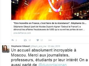 Un petit tour sur le twitter de l'alerteuse permet de constater que la lutte contre la ploutocratie n'empêche pas d'afficher une pub pour un produit phare de LVMH, et que la précarité à laquelle les honnêtes gens sont condamnées n'empêche pas des voyages en Russie. Certainement une mission bénévole. 