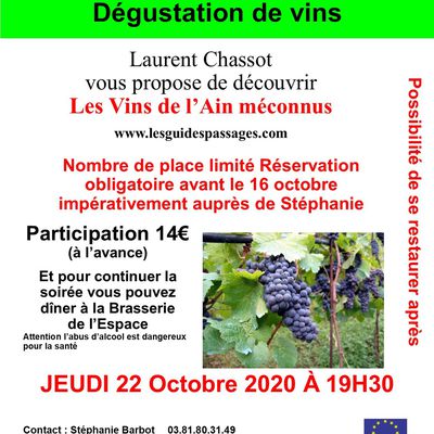 Dégustation de vins 19h30 jeudi 22 octobre 2020