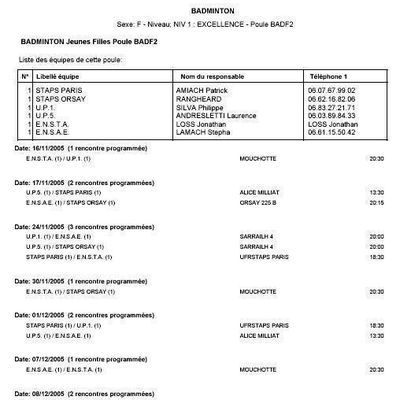 Calendrier Equipe 2 JF L1
