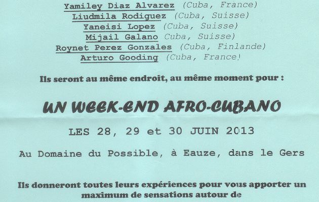 Annonce week-end afro-cubain "Cubamiley", fin juin 2013, Eauze, Gers
