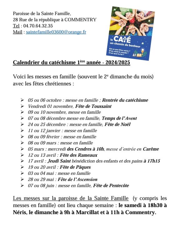 Les calendriers selon l'année de catéchisme