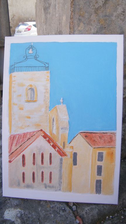 l'église de Lieuran, "travail en peinture dans la rue"