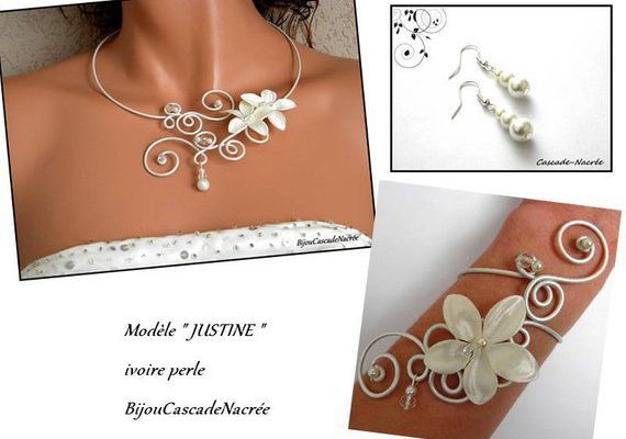 parure mariée Justine fleur ivoire perle cristal alu argenté perle mariage ensemble bijoux 42,90E