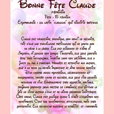 Carte Bonne Fête Claude - féminin - 15 février