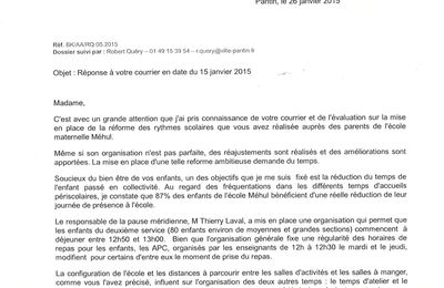 Evaluation des nouveaux rythmes - Réponse de M. le Maire le 26 janvier 2015