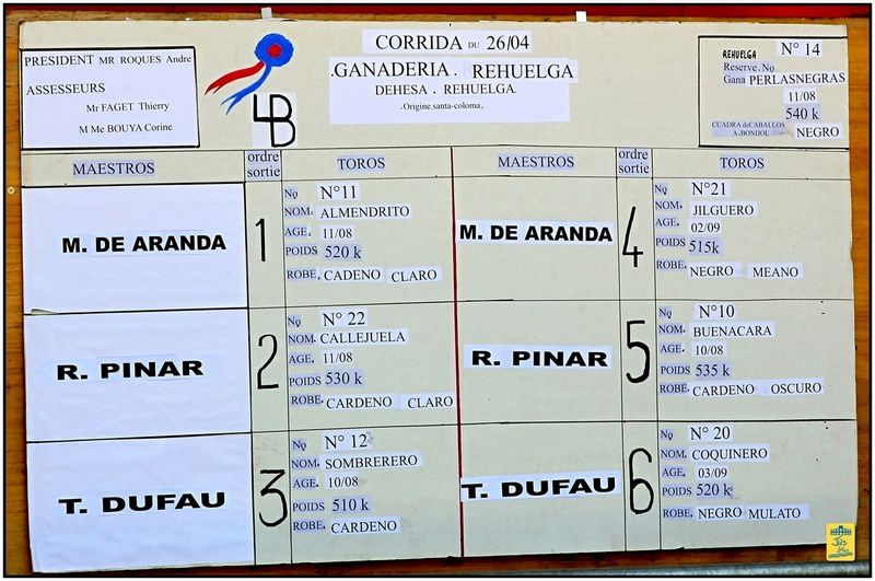 ST-MARTIN-DE-CRAU Samedi 26 avril 2014 Corrida de 6 Toros de Rehuelga pour Morenito de Aranda, Ruben Pinar et Thomas Dufau - Cavalerie Bonijol