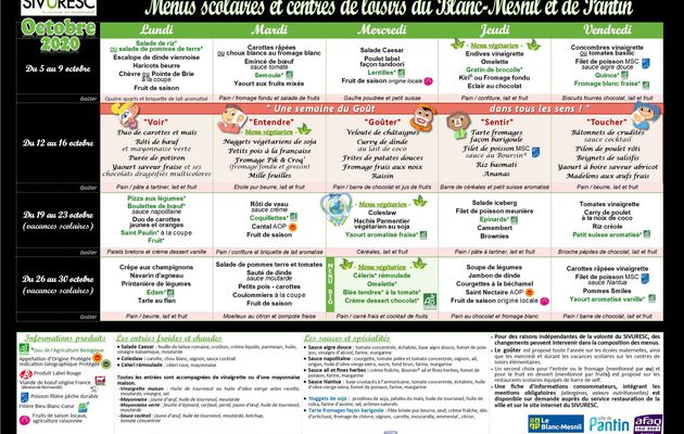 Menus scolaires d'Octobre 2020 - mise à jour au 08/10/2020