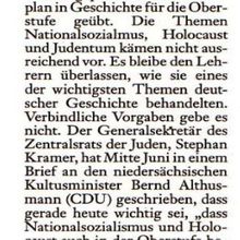 Harke am 23.07.2010 "Zentralrat beschwert sich bei Althusmann - 'Schule vernachlässigt den Holcaust'"