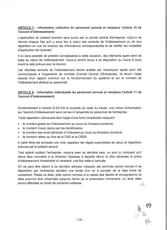 Accors ur l'intéressement signé par le syndicat CAT-SOD 2009.