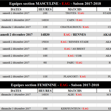 Programme des équipes pour le weekend du 2 et 3 décembre 2017 