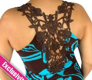 [NEW] Robe sexy large décolleté dos broderie marron et turquoise