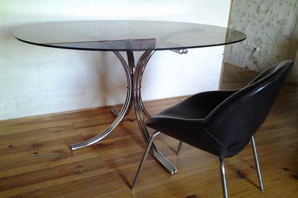 Table Design Vintage Années 70  Chrome et Verre Ovale