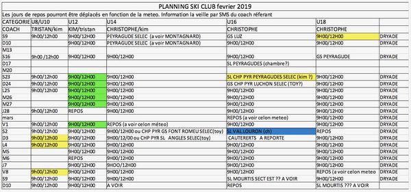 Planning entraînements février 2019