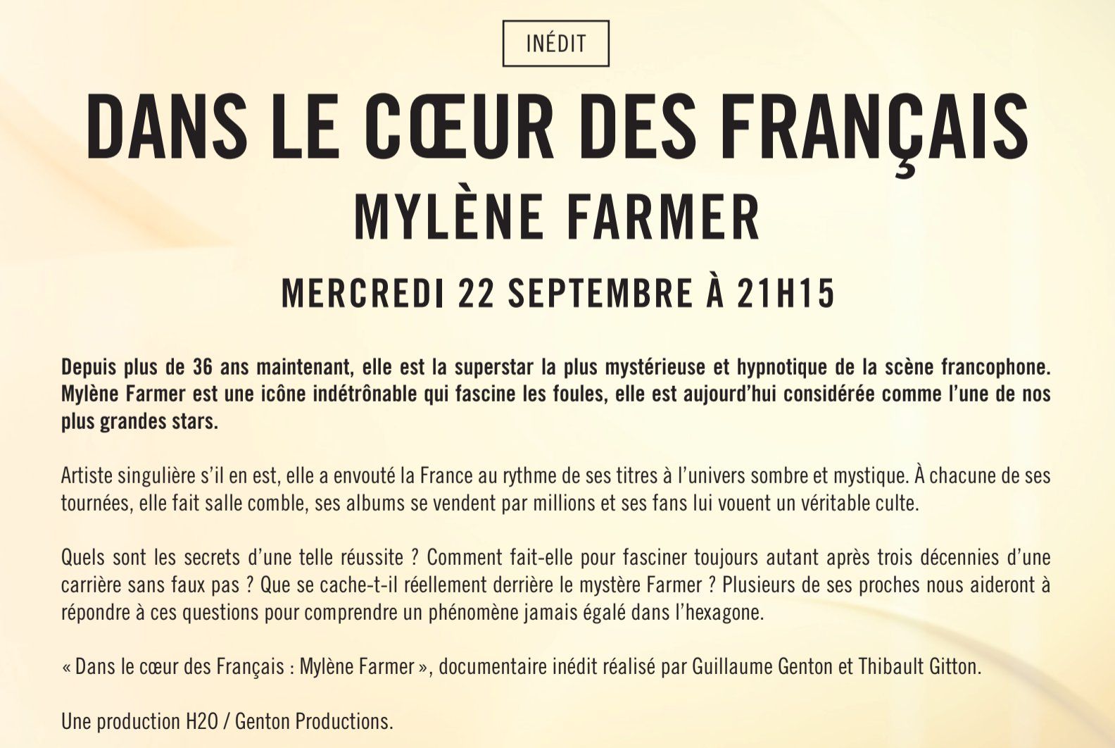 Dans le cœur des Français : Mylène Farmer, documentaire inédit, le mercredi 22/09/2021 à 21h15 sur C8