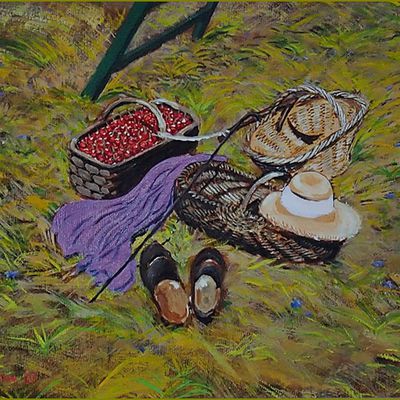  Le temps des cerises par les peintres -  Clotaire Breton - les outils du cueilleur de cerises​​​​​​​