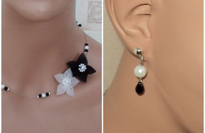 Parure collier/BO fleur organza noire/blanche