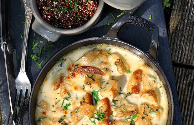 Cassolette de cèpes à la crème, quinoa rouge 