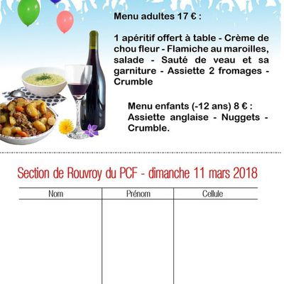 Un banquet organisé par le PCF de Rouvroy le 11 mars à la salle Dumoulin