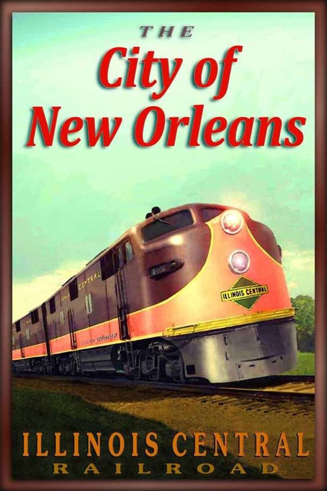 Ancienne affiche publicitaire de la compagnie américaine Illinois Central Railroad pour son train vedette "The City of New Orleans" qui reliait Chicago et la Nouvelle Orléans.