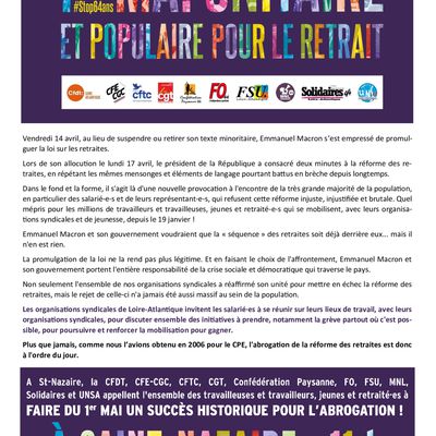 Appel à manifestation unitaire et populaire pour le 1er Mai 2023 . Venez nombreux !